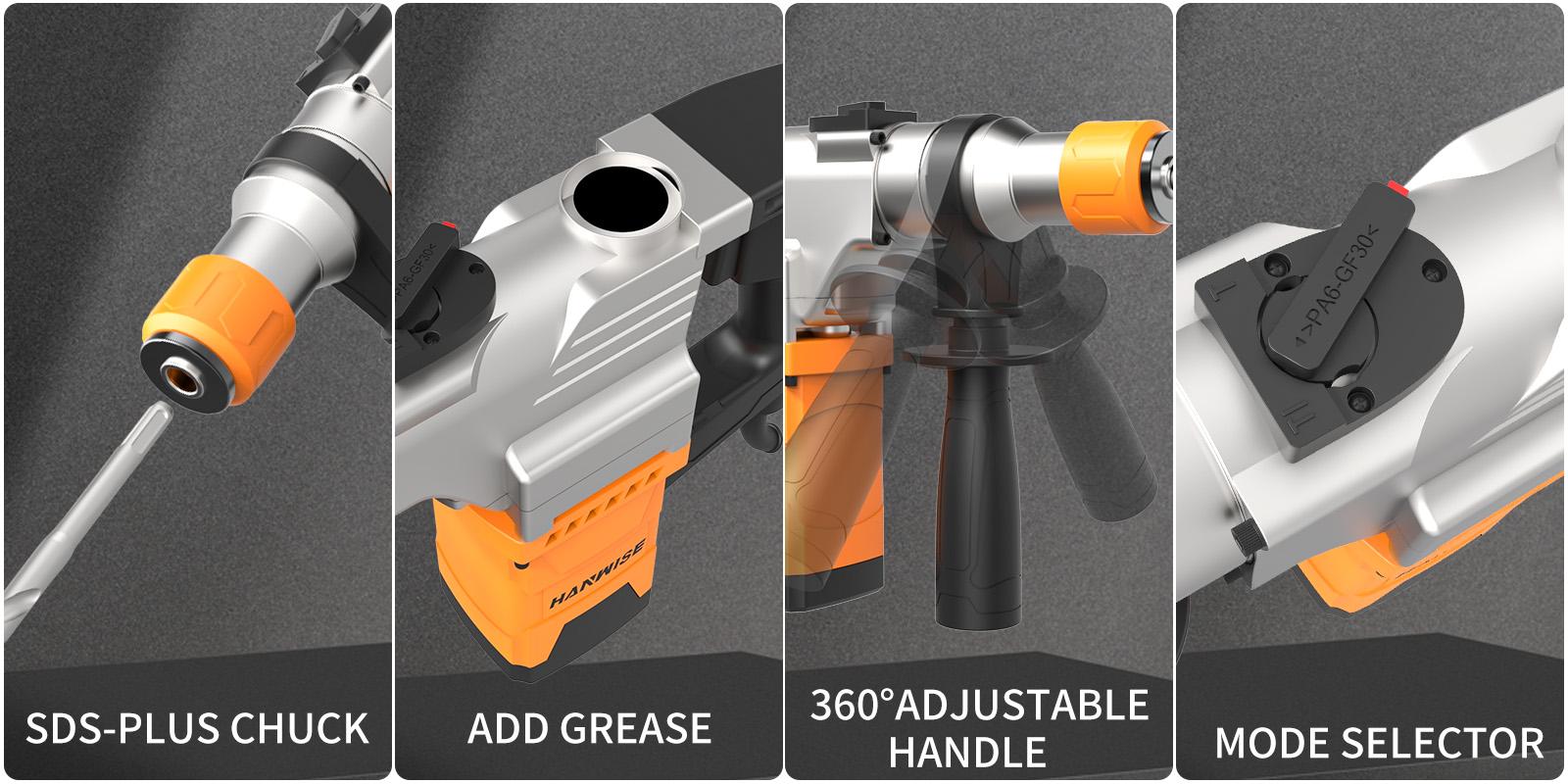 Hanwise Three in One Rotary Hammer Drill with Rope Hammer Drill Rotary Hammer Set Wall Demolition Drilling Concrete Blasting Hammer