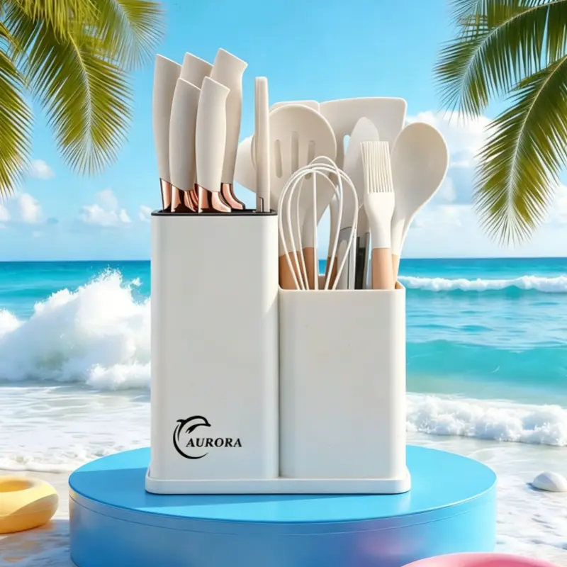 19 piece kitchen knife set with knife holder, heat-resistant silicone non stick tableware and wooden handle chef knife, dishwasher washable, black/white/powder/gray, practical Women's Day gift for school dormitories/kitchens/camping, Kitchenware