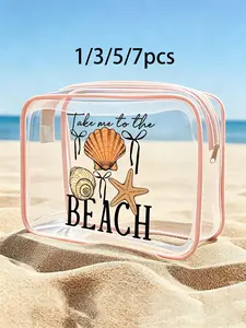 1/3/5/7pcs Waterproof Beach Bag with Seashell and Starfish Decor, Take Me to the Beach Letter Print PVC Cosmetic and Travel Organizer Bag, Lightweight Fade-Resistant Makeup and Toiletry Bag for Women and Men