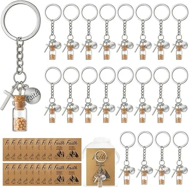 Unisex Compact Round Mustard Seed Keychain Gift Set - Christian Faith Keychain with Inspirational Card, Scripture Verse, Encouraging Religious Jewelry for Baptism, All-Year Gifting