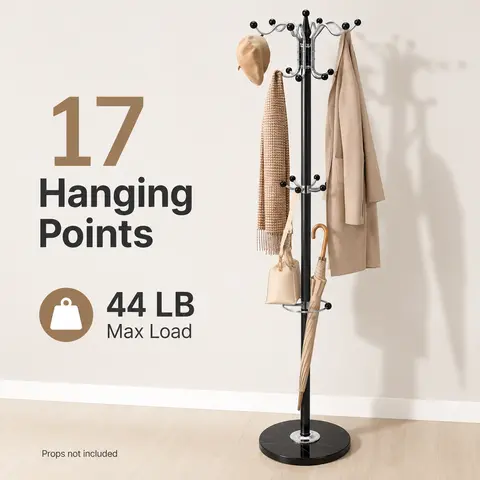 Durable Marble + Metal Clothes Rack Tree, 170cm/66.9in Coat Hanger Stand with 16-Ball Tipped Hooks (38cm Width), 44 lbs Capacity Modernism Entryway Organizer for Hats, Bags, Umbrellas, Jackets (Marble Base)