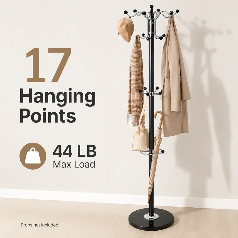 Durable Marble + Metal Clothes Rack Tree, 170cm/66.9in Coat Hanger Stand with 16-Ball Tipped Hooks (38cm Width), 44 lbs Capacity Modernism Entryway Organizer for Hats, Bags, Umbrellas, Jackets (Marble Base)