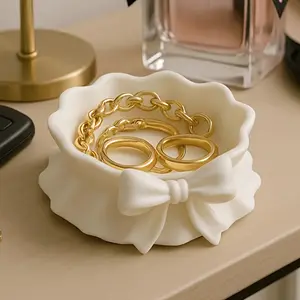 1-piece 3D printed ruffled bow jewelry tray, white plastic tray for home storage, desk, office desk, theme party and car decoration, Easter Mother's Day gift, birthday gift, Durable Plastic Organizers