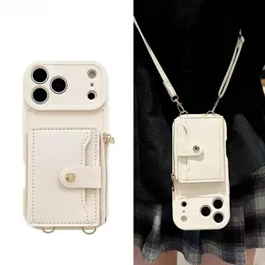 Wallet Lanyard Case for iPhone 17 Pro Max  Air 11 12 13 15 16 14 Plus Card Slots Crossbody Strap Leather Fashion Zipper Bag Cover