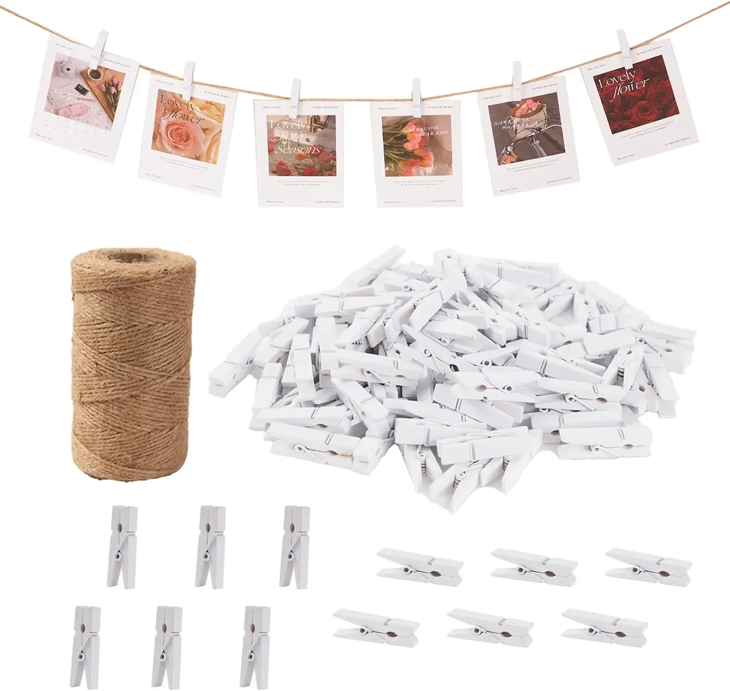 100Pcs White Mini Wooden Clothespins with 328ft Jute Twine - Photo Display Clips for Hanging Pictures, Crafts, Wall Art (1.4 Inch, White) - Home Improvement.