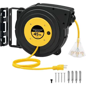 Retractable Extension Cord Reel, 45 FT Heavy Duty Power Cord, 12AWG/3C SJTOW, 3 Grounded Outlets Lighted Triple Tap for Ceiling/Wall Mount, 15 Amp Circuit Breaker, UL Listed, Yellow Y45CR06