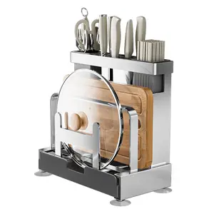 Multifunctional Cutting Board, Knife Drying Rack Kitchen Countertop Pot Lids Organizer, Knife Block Holder with Drain Tray Utensil Holders Bakeware Cookware Chopping Board Storage Stand