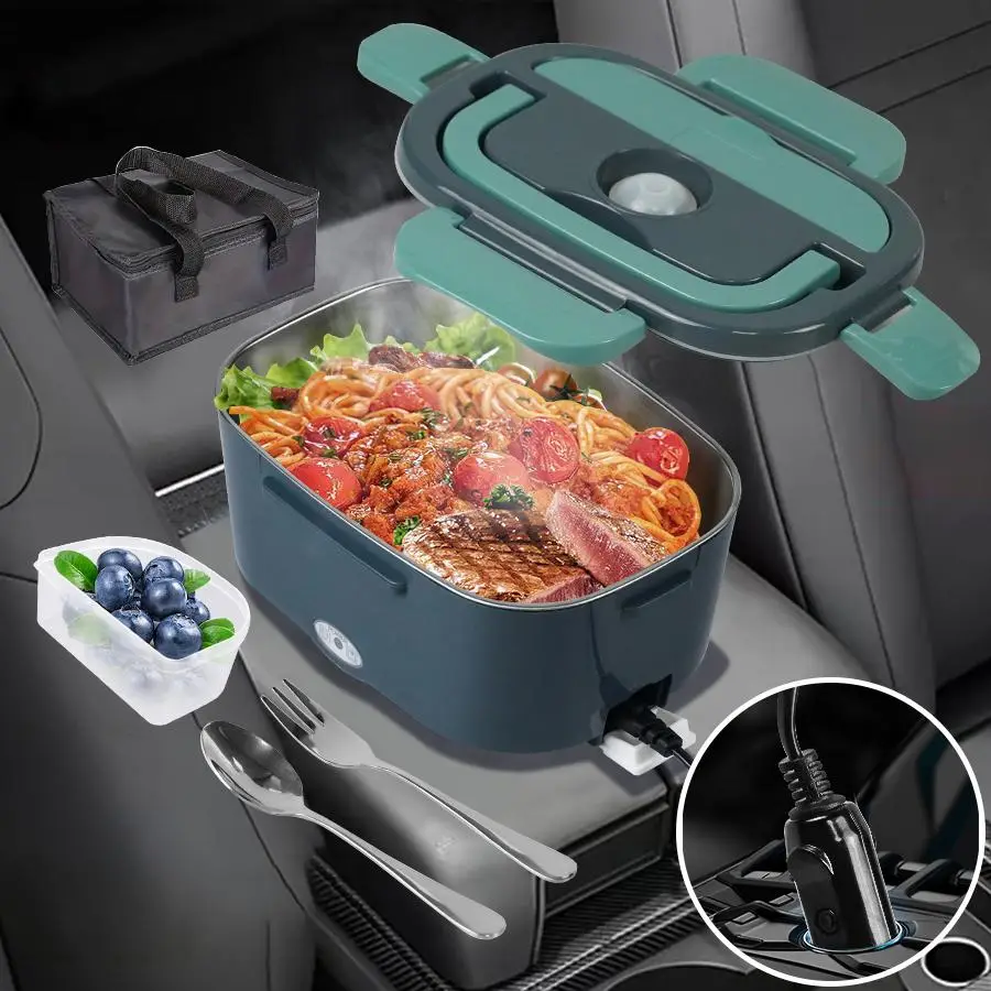 Electric Lunch Box with Fork & Spoon & Insulated Lunch Bag, Quick Heating Lunch Boxes for Adults, 12V/24V/110V Portable Food Warmer for Car Truck Offi