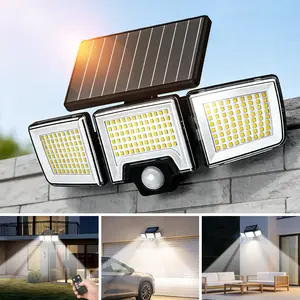 Solar Powered Outdoor Motion Sensor Light, 3-Head 216 LED Floodlight with Remote Control, IP65 Waterproof Adjustable Security Wall Light for Garden, Garage, Driveway, Porch, Backyard Use , Summervibes
