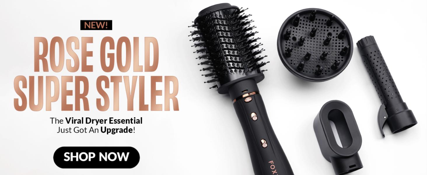 FoxyBae Rose Gold Super Styler - 4-in-1 Blow Dryer Brush Set - Diffuser, Blowout Brush, 1.25” Curling Barrel & Drying Cylinder Hair Dryer