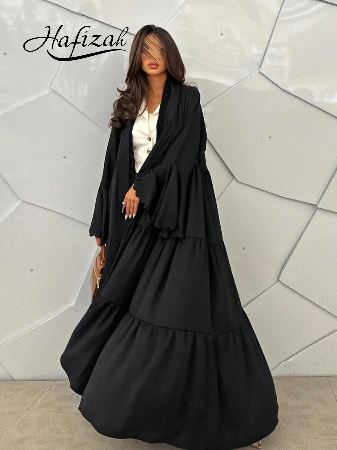 Hafizah Wave Ruffle Bell Sleeve Dress Outerwear, Loose Long Elegant Chic Cardigan, Lightweight Luxury Slimming Women's Clothing Womenswear Lady, Formal Commuter Stylish Office Wear Chic Workwear