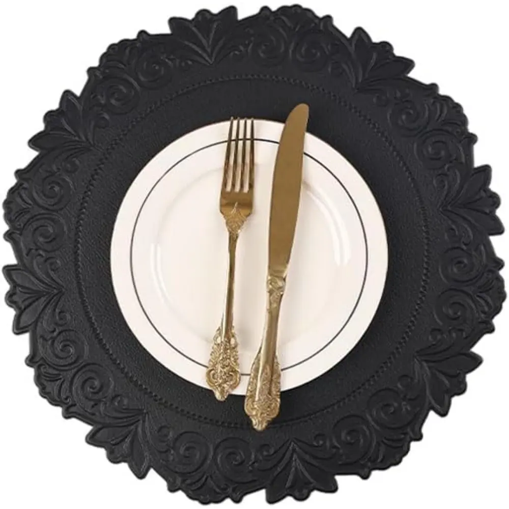 15-in Modern Engraved Round PVC Faux Leather Placemats Set of 6 - Waterproof, Wipeable, Heat-Resistant, Non-Slip, Oilproof, Stain-Resistant Tactile Tablemats for Dining Table Top, Halloween, Birthday, Party Use (Black), Engraved Textures
