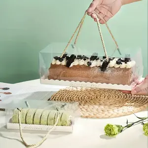 10pcs Transparent Plastic Swiss Roll Cake Boxes with Handles and Cardboard - Rectangular Dessert Gift Boxes for Birthdays, Weddings, Christmas, and New Year Parties, Perfect for Christmas
