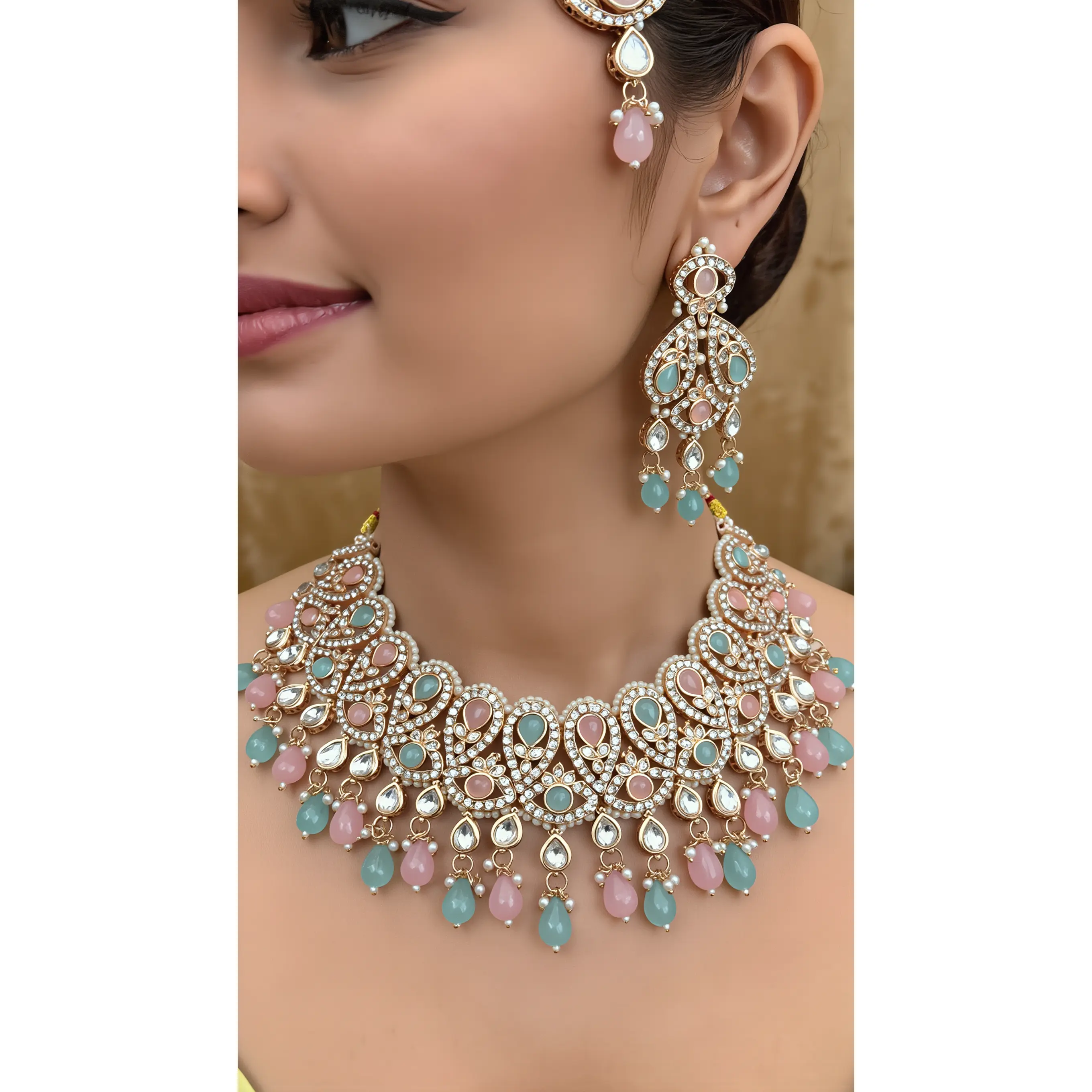 Pastel Pink & Aqua Kundan Bridal Jewelry Set with Earrings and Maang Tikka | Rose Gold Indian Pakistani Afghan Wedding Necklace | Gift Box Included 6051