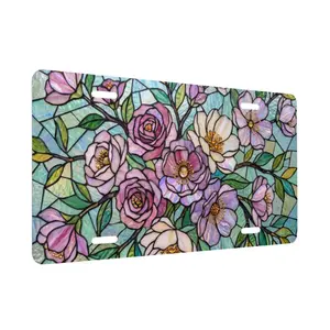 Pink Roses Stained Glass Front License Plate - Floral Nature Aluminum Metal Car Tag - Green Leaf Aesthetic Vanity Plate - Gift for Her