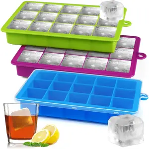 Large Ice Cube Trays with Lid-3 Pack Silicone Ice Cube Molds - 15 Big Square Ice Cube Trays for Freezer Containers - Stackable Ice Maker for Cocktails and Whiskey - Easy Release & BPA Free (Blue/Green/Purple)