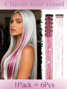 22 Inch Clip in Hair Tinsel, 6 Pcs of Pack, Glitter Tinsel Hair Extensions Party Dazzle Colorful Hair Accessories Strands Kit for Women Girls Kids.