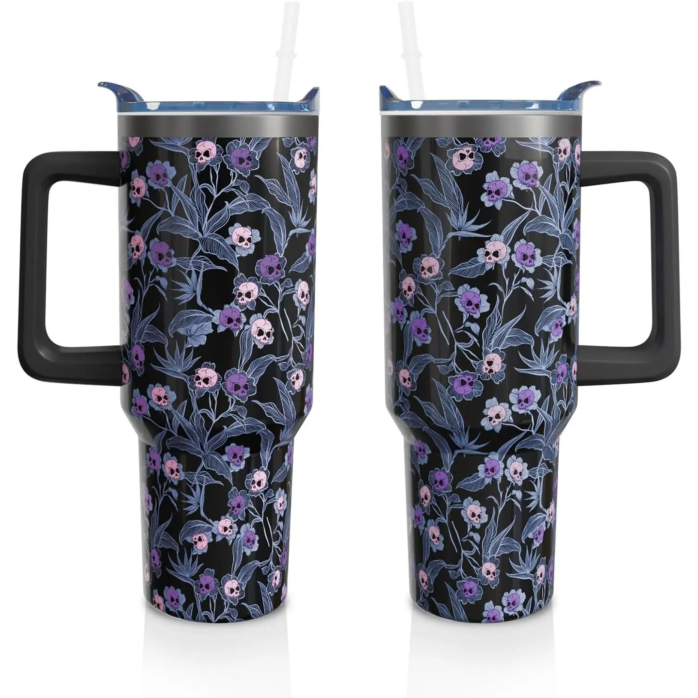 40 Oz Gothic Stainless Steel Insulated Tumbler - Portable Reusable Vacuum Flask with Handle, Straw, Lid, Goth Skull Design - Coffee Cup, Halloween Gift for Girlfriend, Kitchen Drinkware with Insulation (1PC)