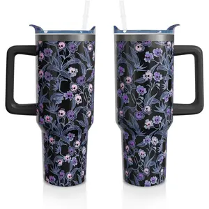 40 Oz Gothic Tumbler with Handle and Straw, Goth Skull Stainless Steel Insulated Cup Water Bottle, Halloween Holiday Gifts for Women Men (1PC)