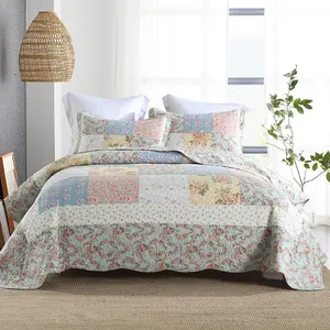 Bedspread Quilt Bedding Sets 3 count Reversible Coverlet Sets Comforters Green Rose Floral Patchwork Bedspread,  Size