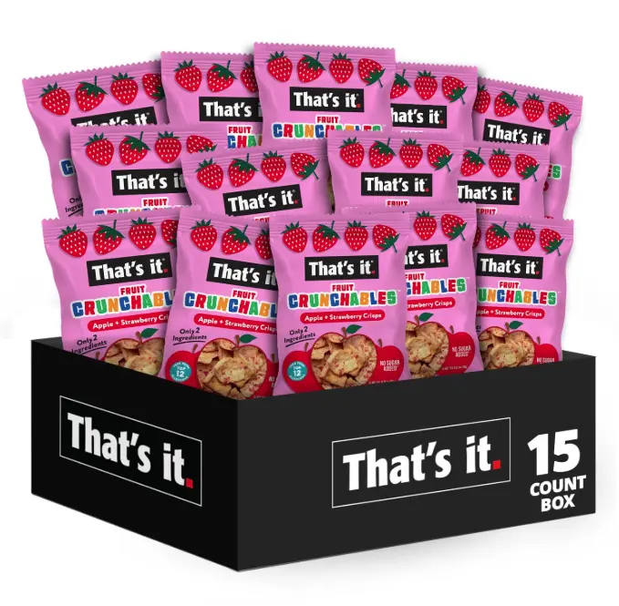 That’s it. Fruit Crunchables Apple + Strawberry Crisps, 15-Pack – 100% Real Fruit Snacks for Kids, Plant-Based, Non-GMO, Gluten-Free, No Sugar Added, Allergen-Free, Healthy Lunchbox Snack