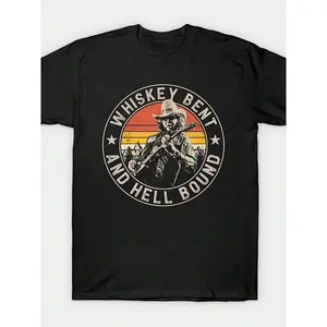 180gHank Williams Jr. Privateers Whiskey Bent Hell Bound Country Music Printed T-Shirt, Men's Printed T-Shirt 220g, 100% Cotton, Round Neck Casual Men's Outdoor Short-Sleeved T-Shirt