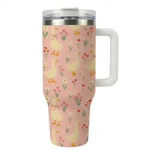 Pink Floral Goose 40oz Tumbler with Handle - Keeps Cold 24 Hrs Hot 12 Hrs - Leakproof Insulated Travel Cup - Unique Mother's Day Gift for Women