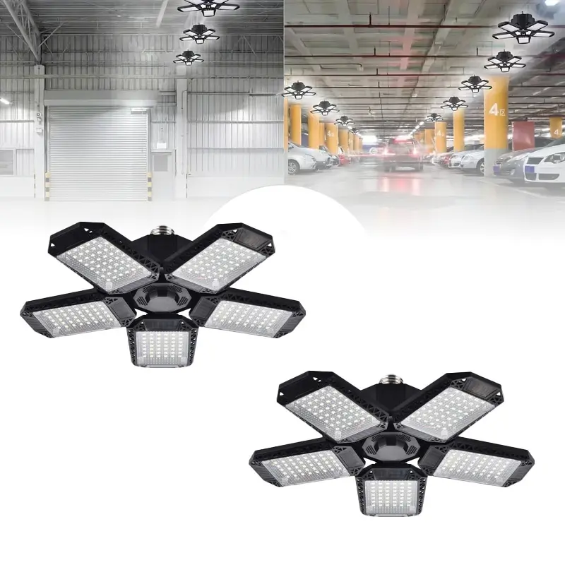 2pcs LED Garage Light Super Bright, 320 Degree Illumination Ceiling Light E26 E27 Base, 6500K Daylight, Foldable, LED Shop Work Light Bulb Deformable Panels, LED Lighting Fixtures E26/E27 Screw In Socket Light Bulbs for Warehouse, Basement, Garage