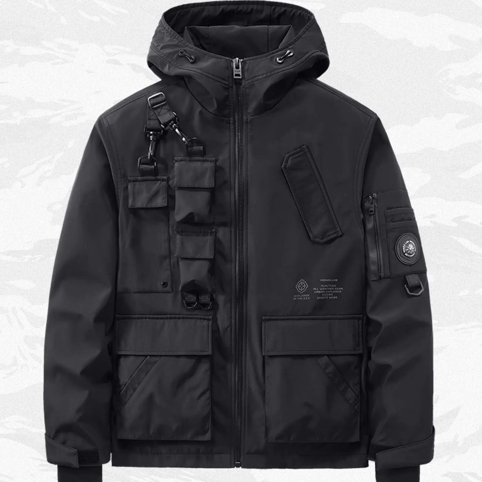 Ibj333 Niepce Black Techwear Jacket Streetwear Fashion Coat with Hoodie