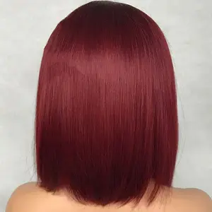 Water Wave Peruvian Human Hair Glueless Lace Front Wigs Cap - Red 16 Inches Simple Personality Short Hair Style Wig