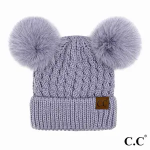 C.C Cable Knit Pattern Solid Color Double Pom Beanie with Soft Faux Fur Poms for Winter Fashion