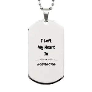 I Left My Heart In Nebraska Gifts, Meaningful Nebraska State for Friends, Men, Women. Silver Dog Tag for Nebraska People
