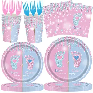 Gender Reveal Party Decoration Set (16 Guests), Includes Paper Plates, Napkins, Cups, Forks, Disposable Tableware, Perfect for Gender Reveal Parties Party Supplies