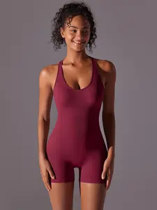 Women's Solid Color Racer Back Sports Bodysuit, High Stretch Seamless Sports Jumpsuit, Ladies Sportswear for Indoor Outdoor Wear, Workout Jumpsuit