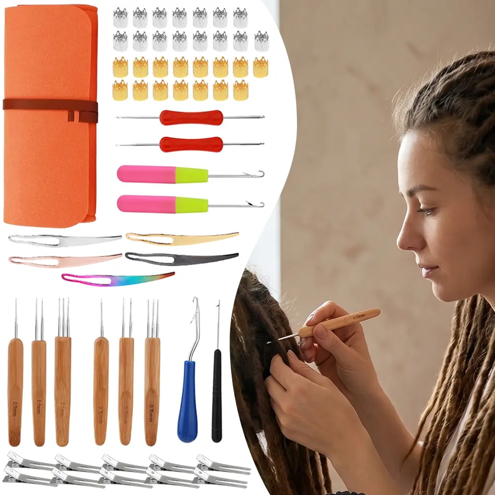 58-Piece Crochet Dreadlock Kit with Yarn Extensions, Plastic & Wood Crochet Hooks, Decorative Rings, Clips for Braiding, Wig Making, Boho Hair Accessories Complete Set