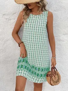 Full-Print Sleeveless Round-Neck Straight Dress Casual Resort Beach Women's Wear Green Summer Dress Women's Vacation Dress Womenswear