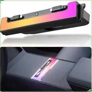 Type-C 60W & PD 27W,Double 35in Telescopic USB Hub for Tesla Model Y Juniper 2025 2026 Model 3 Highland 2024 2025 with RGB Ambient Light, 120W Dual Type-C Fast Charger Multi Ports Docking Station Retractable Cable fit Center Console Car Charging Hub