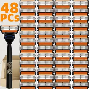 1 Handle+48 Blades, Men's 6-layer Manual Safety Razor with Stainless Steel Blades That Can Be Reused, Smooth Shaving and Easy Cleaning, Men's Daily Care Set