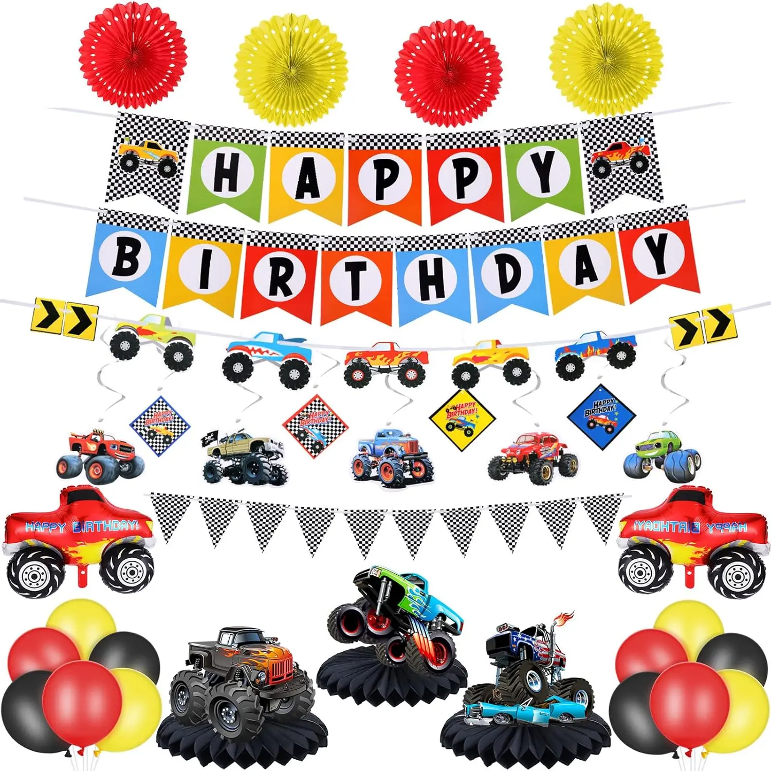 P-PSD05 Motor Vehicles Truck Motifs Happy Birthday Party Decorations Kit - 31 Pcs Pre-Cut Indoor/Outdoor Home Supplies Set with Banner, Triangle Bunting, Hanging Swirls, 12 Inch Balloons, Honeycomb Centerpieces, Paper Fans, Float Ornaments, 7.8 Inch Cente