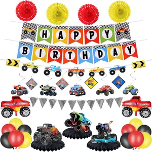 P-PSD05     Truck Birthday Party Supplies Truck Birthday Banner Triangle Bunting Hanging Swirls Multicolor Balloons Honeycomb Table Centerpieces Paper Fans Decoration Float
