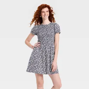 Women's Puff Short Sleeve Smocked Mini Sundress - Universal Thread Navy Blue Floral M