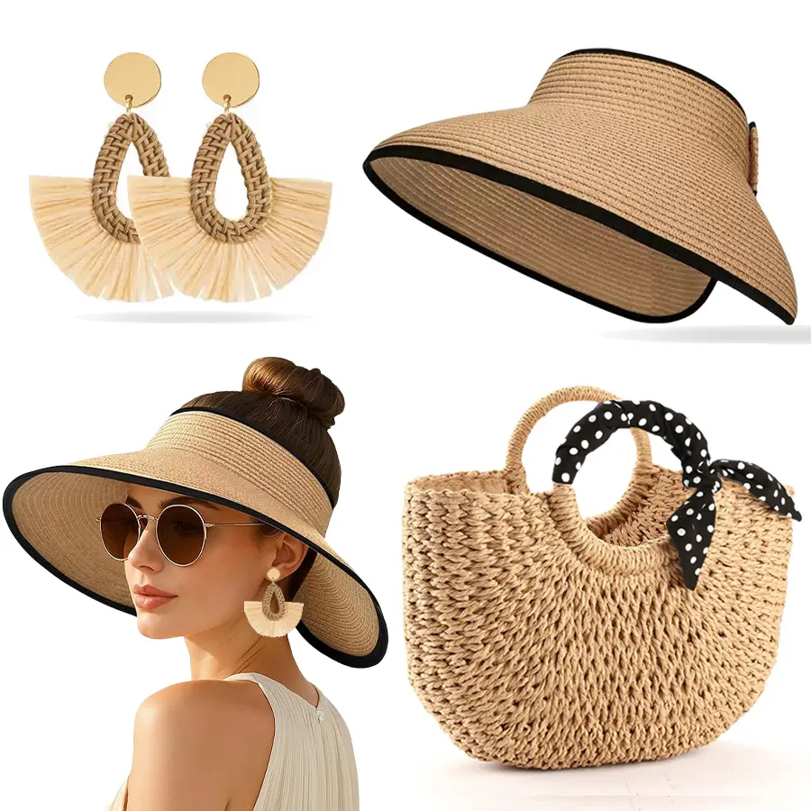 3PCS Women's Beach fashion Set, Sun Hat, Beach Hat, Beach Bag, Handbag, Earrings, EarJewelry, Women's, Suitable For Outdoor Beach Travel Scenarios.