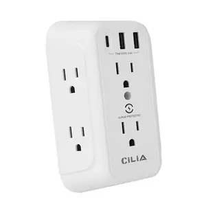 Multi-Outlet Surge Protector Extender Line, 6 Outlets with 2 USB Ports (1 USB-C) & Night Light, Three-Sided Power Adapter
