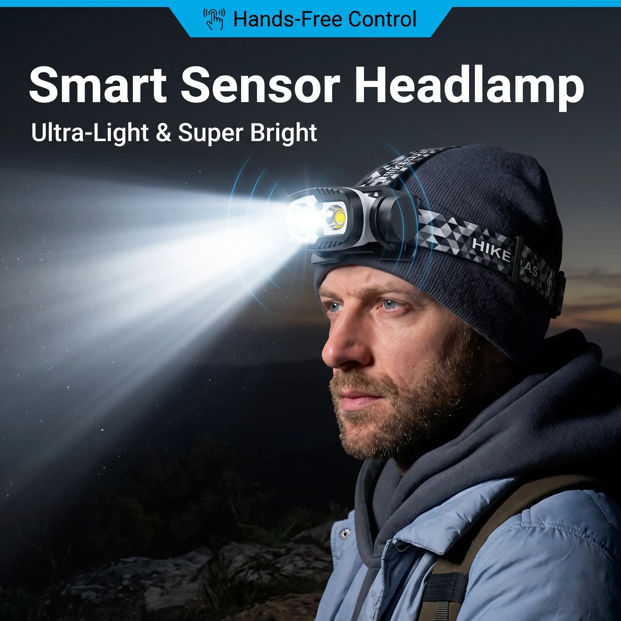 Smart Motion Sensor Wearable Torch, Ultra Bright Dual Light Sources Portable Lamp, 90° Adjustable Weather Resistant Rechargeable Light for Cycling Hiking Running Night Repair