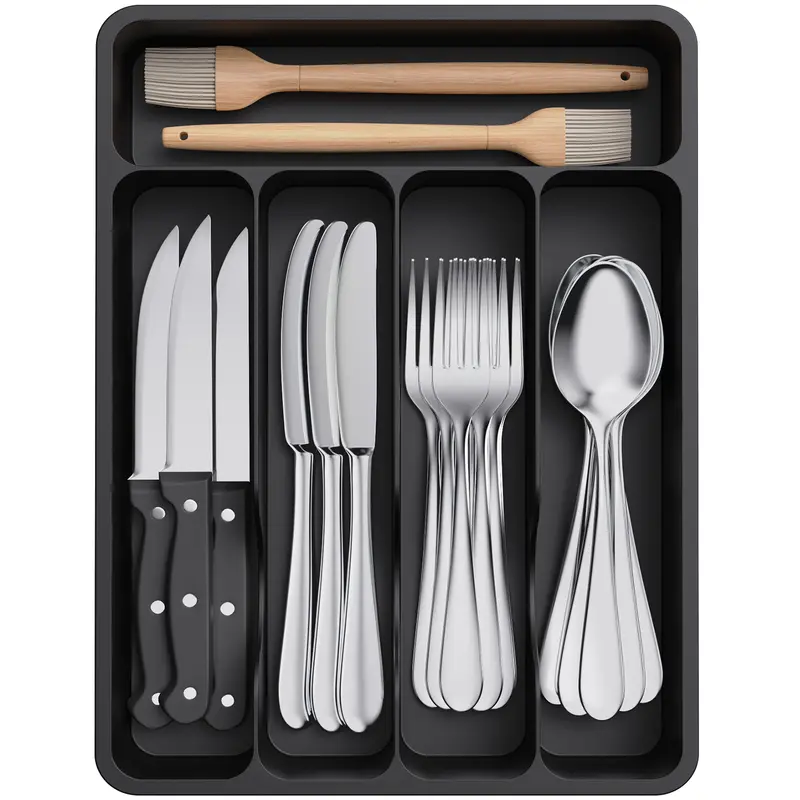 Lifewit 5 Compartment Plastic Silverware Drawer Organizer Tray - Efficient and Versatile Storage for Kitchen and Home - Kitchen Knives Cutlery Sturdy