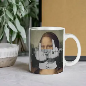 Mona Lisa Middle Finger Funny 11oz & 15oz Coffee Mug, Edgy Renaissance Art Parody Ceramic Cup, Sarcastic Fine Art Collage Drinkware, 11oz Durable White Ceramic Mug, Moody Modern Renaissance Home Decor