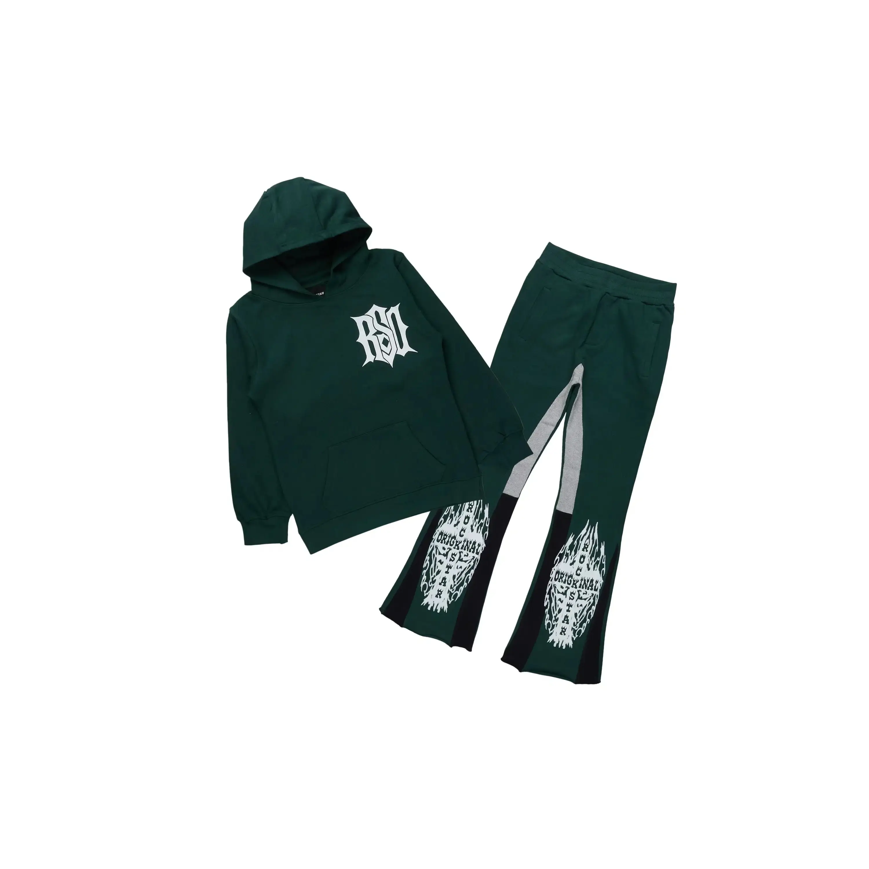 Boys Lyrex Green/White Hoodie/Stacked Flare Track Set