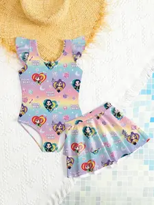 Girls' Two-Piece Bikini Set, Cartoon Print Swimwear, Summer Beach Vacation, Cute Ruffle Swimsuit
