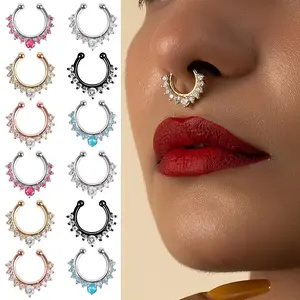 12PCS Fake Septum Nose Hoop Rings Clear CZ Faux Non Pierced Clicker Hanger Nose Septum Ring Clip On Body Piercing Jewelry