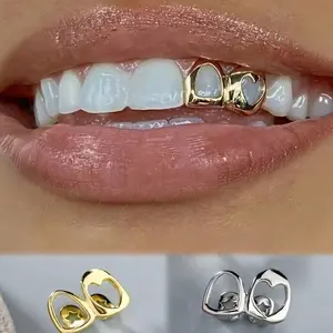 2pcs Dual Tooth Grillz with Complex Heart Pattern, Millennium Hip-Hop Minimalist Style Unisex Dental Jewelry for Daily Gatherings Halloween Party